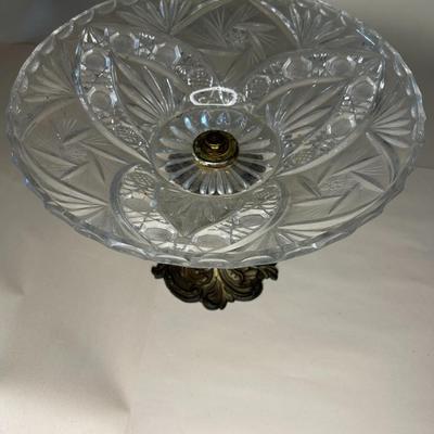Antique Crystal Saw Tooth Cut Fruit Bowl on Brass Pedestal Pineapple Design