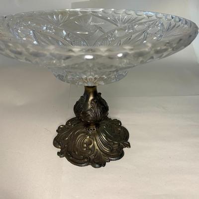 Antique Crystal Saw Tooth Cut Fruit Bowl on Brass Pedestal Pineapple Design