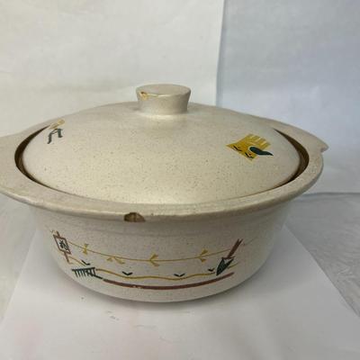 Vintage Monmouth Pottery USA Stoneware Bowl with Lid and Handles
