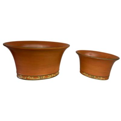 Vintage Pair of Terracotta Boat-Shaped Planters with Painted Design