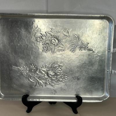 Vintage 1940s Rectangular Aluminum Etched Filigree Butler Tray with/ Handles