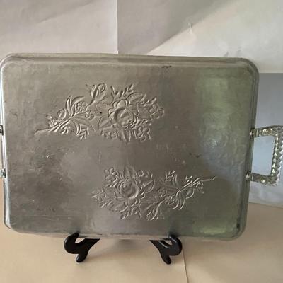 Vintage 1940s Rectangular Aluminum Etched Filigree Butler Tray with/ Handles