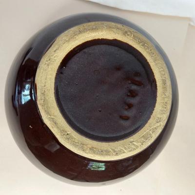 Antique c. 1920s Deep Brown Stoneware Glazed Artisan Bean Pot