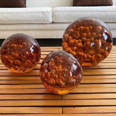 Set of 3 Hand Blown Amber Murano Style Bubble Glass