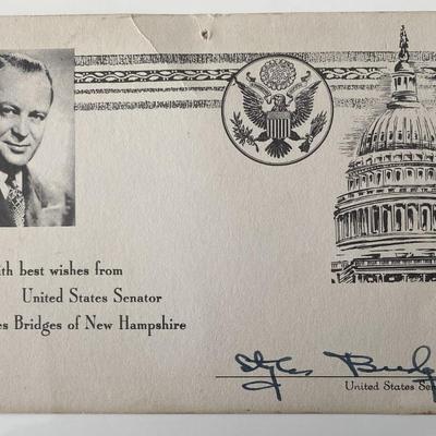 US Senator of New Hampshire Styles Bridges signed card