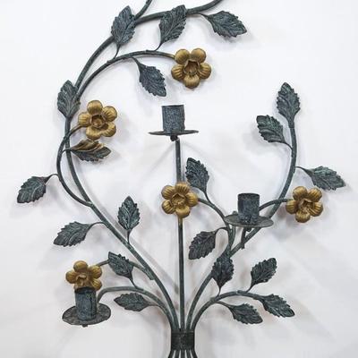 Wall Decor Taper Candle x3 Holder Metal Vine Leaves Flowers