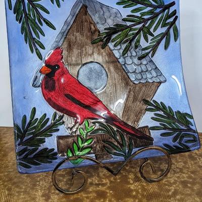 EveArt Cardinal Glass Bird Bath on Metal Display Stand