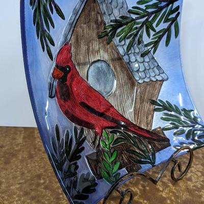 EveArt Cardinal Glass Bird Bath on Metal Display Stand
