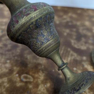 Vintage Lot of 2 Brass Vases Etched Designs Decorative