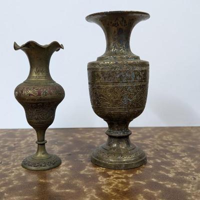 Vintage Lot of 2 Brass Vases Etched Designs Decorative