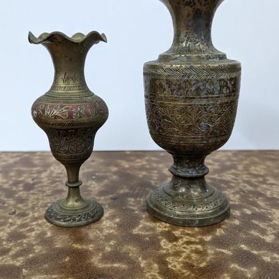 Vintage Lot of 2 Brass Vases Etched Designs Decorative