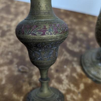 Vintage Lot of 2 Brass Vases Etched Designs Decorative