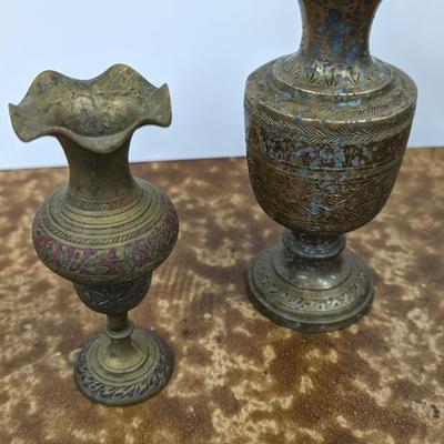 Vintage Lot of 2 Brass Vases Etched Designs Decorative