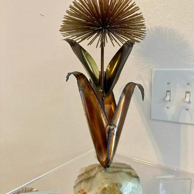Pair Brutalist Brass/Metals Flower on Quartz in the style of Curtis Jere