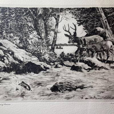 Vintage Plate Etching by R.H. Palenske "A BIT OF HEAVEN" 12.5" x 16" in Good Preowned Condition Unframed.