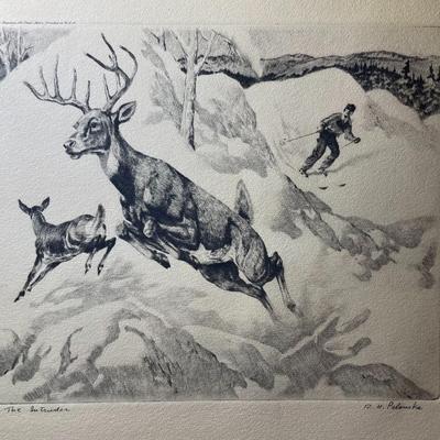 Vintage Plate Etching by R.H. Palenske "The Intruder" 12.5" x 16" in Good Preowned Condition Unframed.