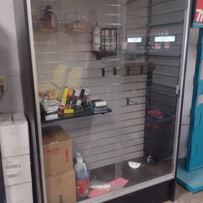 Glass Front Display Case with Slat Wood System for Shelving and Hooks (No Contents)