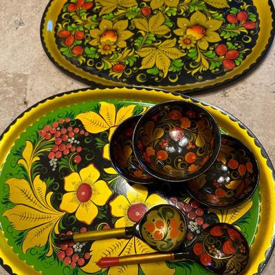 USSR period lacquer bowls, spoons & enamel trays
