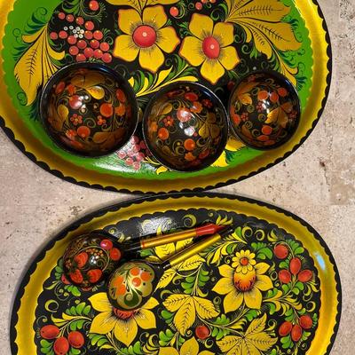 USSR period lacquer bowls, spoons & enamel trays
