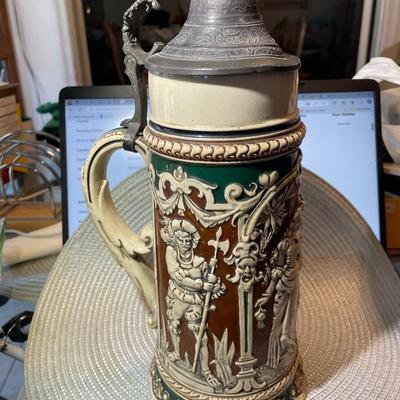 Vintage Mid-Century German Beer Stein 12.5" Tall w/2 Hairline Cracks as Pictured.