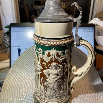 Vintage Mid-Century German Beer Stein 12.5" Tall w/2 Hairline Cracks as Pictured.