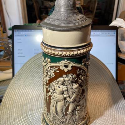 Vintage Mid-Century German Beer Stein 12.5" Tall w/2 Hairline Cracks as Pictured.