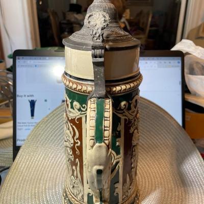 Vintage Mid-Century German Beer Stein 12.5" Tall w/2 Hairline Cracks as Pictured.