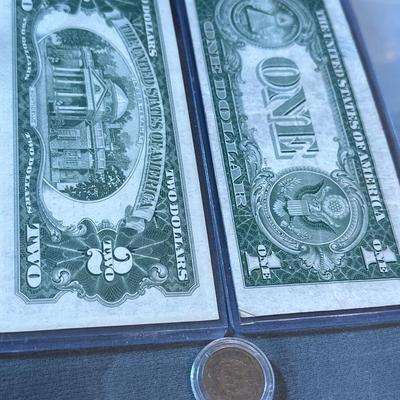 Silver certificate two dollar bill Indian head penny