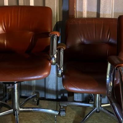 Vintage Mid-Century Modern THREE Steel Case Leather Office Chairs