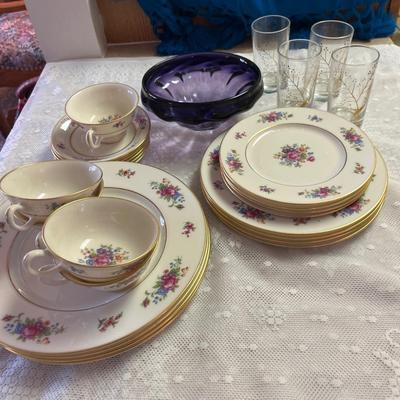 K28- Lenox Rose China, purple bowl, glasses