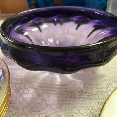 K28- Lenox Rose China, purple bowl, glasses