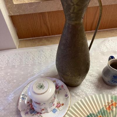K31- Nippon handpainted vase, brass pitcher, fans