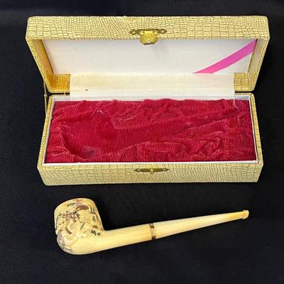 Artist Signed Painted Ivory Pipe with 14K Gold Band