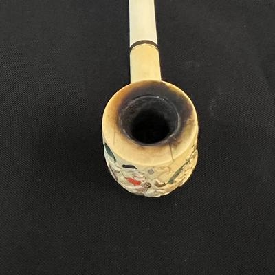 Artist Signed Painted Ivory Pipe with 14K Gold Band
