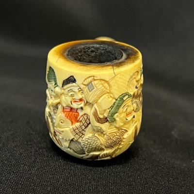 Artist Signed Painted Ivory Pipe with 14K Gold Band