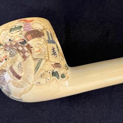 Artist Signed Painted Ivory Pipe with 14K Gold Band