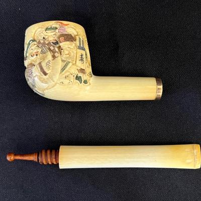 Artist Signed Painted Ivory Pipe with 14K Gold Band