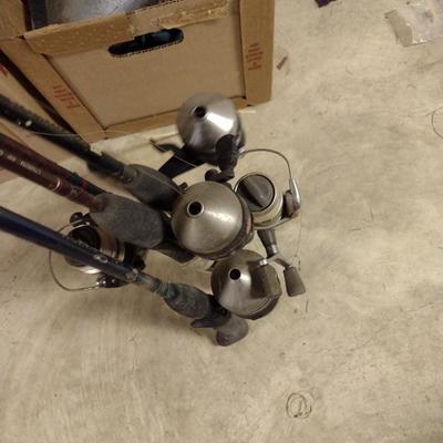 Assorted Fishing Accessories- Poles with Reels, Minnow Bucket, Tackle Boxes (D)