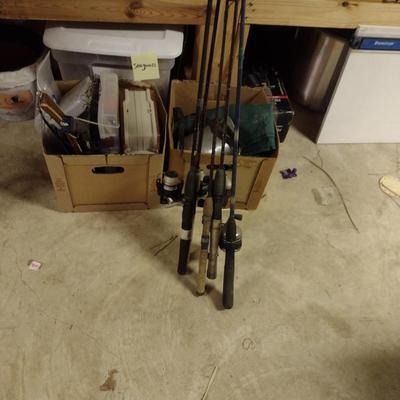 Assorted Fishing Accessories- Poles with Reels, Minnow Bucket, Tackle Boxes (D)