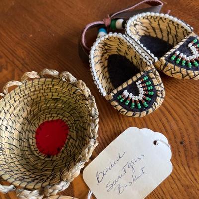 L16- Vintage beaded sweet grass basket (By Blackbird) & mini beaded mocassins