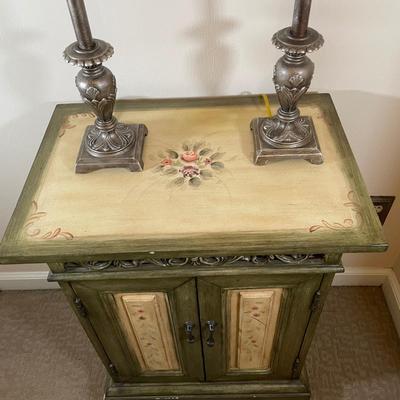 LOT 42X: Floral Painted Cabinet w/ Two Matching Lamps