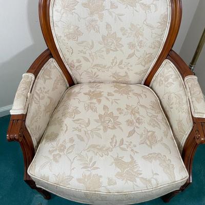 LOT 57F: Louis XVI Style Lounge Chair w/ Brass Floor Lamp
