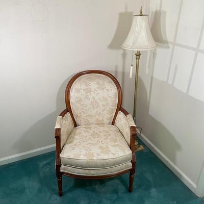 LOT 57F: Louis XVI Style Lounge Chair w/ Brass Floor Lamp