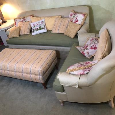 LOT 82L: Highland House Matching Sofa & Oversized Chair w/ Yellow Floral Ottoman