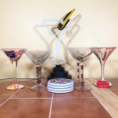 LOT 83B: Advantage Industries Neon Martini Sign Model AD-599 w/ Lolita Birthday Martini Glasses, Colorful Pearl Stem Glasses, Handpainted...