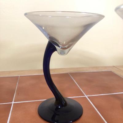 LOT 84B: 2003 Clay Art Martini Lounge Chip & Dip Set, Vintage Blue Cobalt Curved Stem Martini Glasses & Stained Glass Ornament
