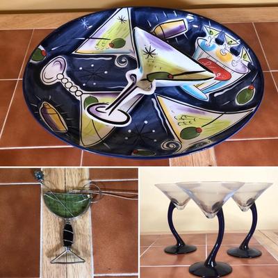 LOT 84B: 2003 Clay Art Martini Lounge Chip & Dip Set, Vintage Blue Cobalt Curved Stem Martini Glasses & Stained Glass Ornament