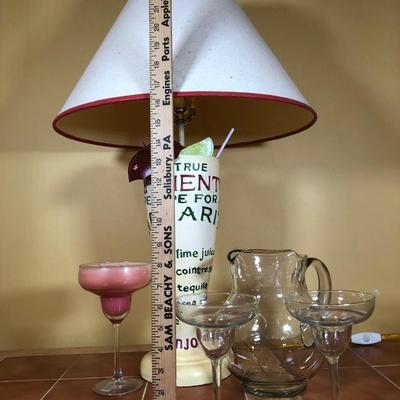 LOT 85B: Margarita Recipe Lamp, Bath and Bodyworks Frozen Daquiri Scented Candle, Glass Drink Pitcher & Margarita Glasses
