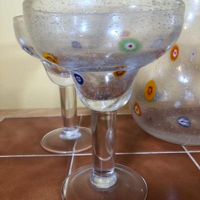 LOT 87B: Margarita Recipe Lamp, Blown Glass Millefiori Pitcher w/ Matching Margarita Glasses & Divided Glass Fruit Tray