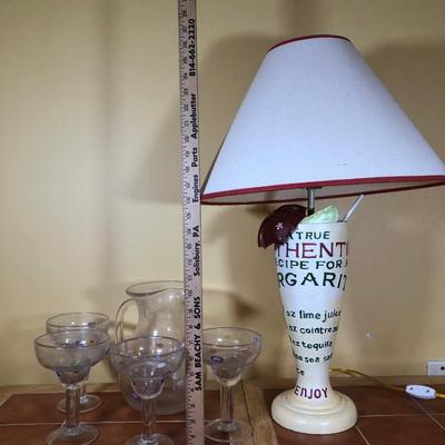 LOT 87B: Margarita Recipe Lamp, Blown Glass Millefiori Pitcher w/ Matching Margarita Glasses & Divided Glass Fruit Tray